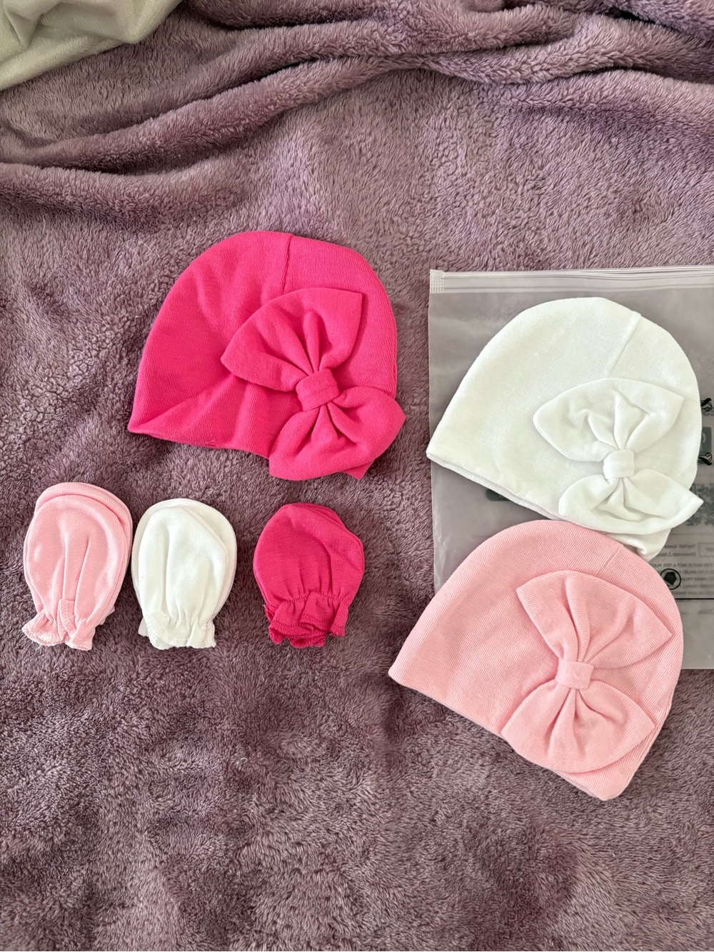 Newborn Baby Bow Hat & Mitten Set - Pink, Hot Pink, White